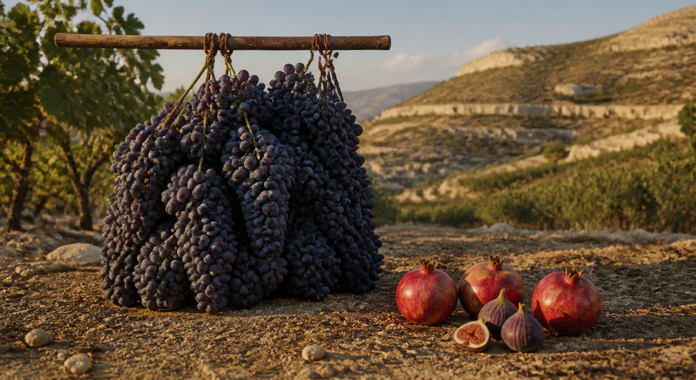 Cacho de Uvas em Vara de Carregar, com Romãs e Figos